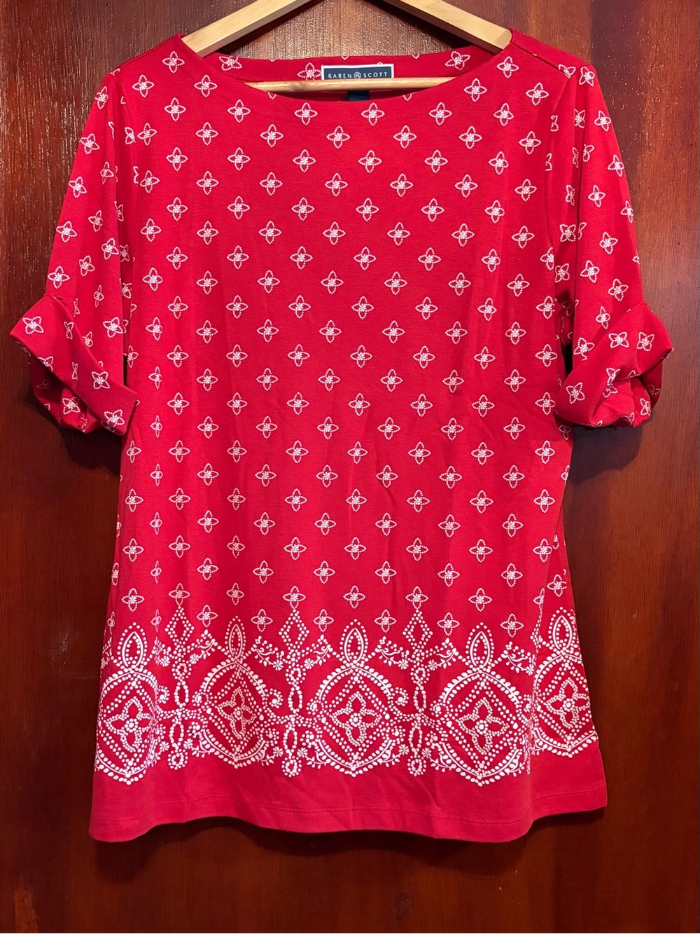 Karen Scott Red Short-Sleeve Printed Tunic Top